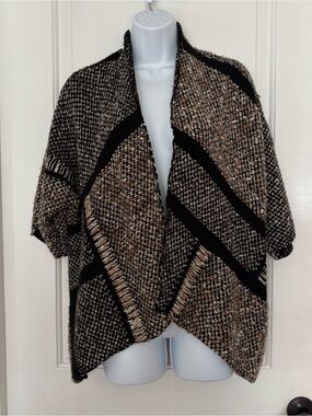 Chico’s tweed fringe Kingsley cardigan sweater 2 Large asymmetrical black tan